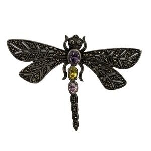 Vintage Sterling‎ Silver Dragonfly Brooch Marcasite Multi Gemstones 13gr